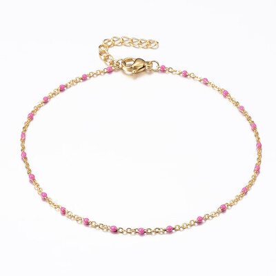 

304 Stainless Steel Cable Chain Anklets with Enamel Links Golden Pink 9"230mm 15mm