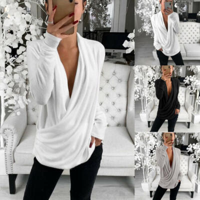 

Sexy Womens Casual Loose Long Sleeve Pleated Wrap Top Shirt Tunic Winter Blouse