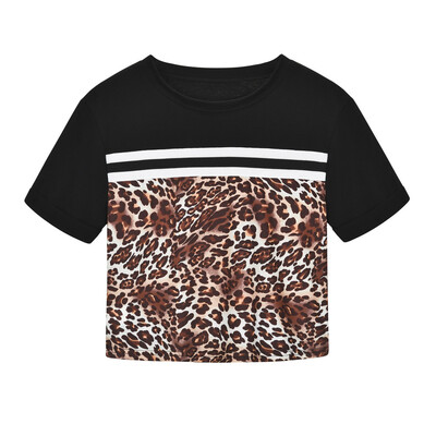 

Starmoon Women O-Neck Sexy Colorblock Printing Leopard Blouse Short Sleeve Tight T-shirt