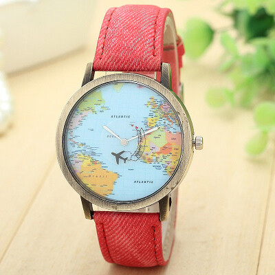 

Top Brand Fashion Plane And World Map Denim Fabric Band Watch Casual Women Wristwatches Quartz Watch Relogio Feminino Gift F