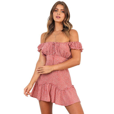 

Floral Print Pleated Dress Women Off Shoulder High Waist Tunic Dresses