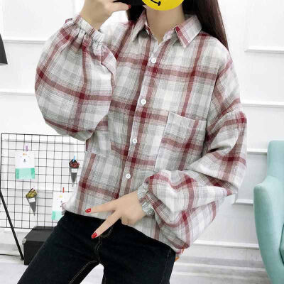 

2019 COCKCON fashion womens retro temperament check printed loose lapel shirt wild long-sleeved casual shirt