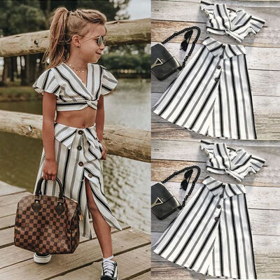 

Summer Striped Kids Baby Girls Party Dress Crop Tops A-lined Skirt Outfit Sets