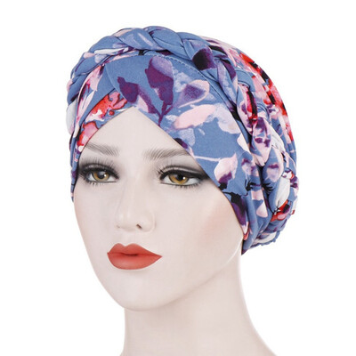 

6 Colors Muslim Women Flower Print Turban Cancer Braided Chemo Hat For Women Stretch Head Scarf
