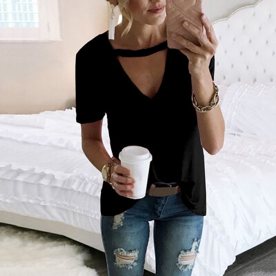 

Nomeni Women Casual Loose Cotton Solid V-neck T-shirts Fashion Short Sleeve Blouse
