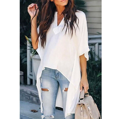 

Womens V-Neck Summer Causal Irregular Short Sleeve Long Tops Shirt Blouse