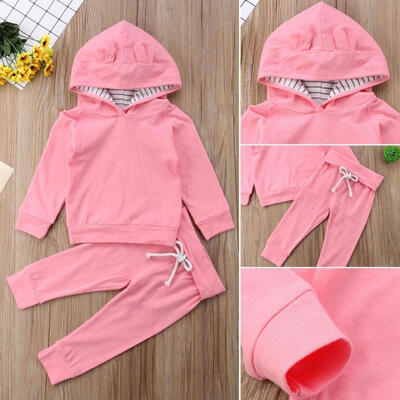 

Newborn Baby Kids Girls Pink Long Sleeve Hooded Tops Long Pants 2pcs Clothes Outfits Set