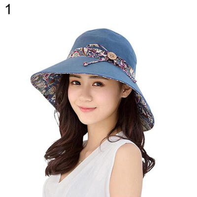 

Women Summer Beach Travel Bowknot Wide Brim Sun Hat Reversible Foldable Cap