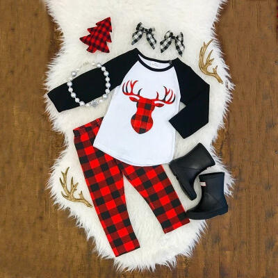 

Christmas Newborn Baby Girls Xmas Deer Tops T-shirtCheck Pants Outfits Set Hot