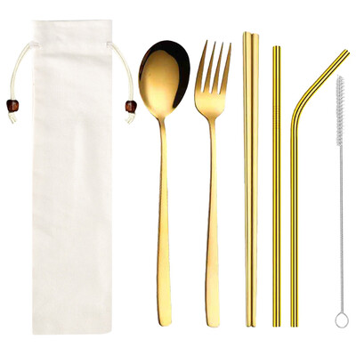 

Toponeto Stainless Steel Dinnerware Set Metal Straw Spoon Fork Chopsticks Tableware 6 Pcs