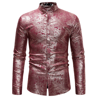 

Luxury Gold Gilding Printed Stand Collar Long Sleeve Casual Men Shirt