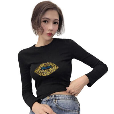 

Women T-Shirts Long Sleeve Lips Printing Slim Fit Autumn Fashion Crop Tops