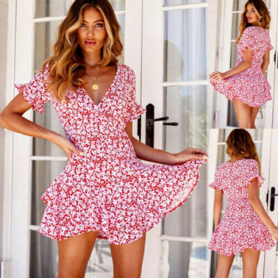 

Women Summer Boho Short Mini Dress Evening Cocktail Party Beach Dress Sundress