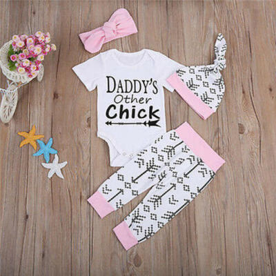 

US Sale Newborn Baby Girl Cotton Pink Tops Romper Pants Headband Hat 4pcs Outfit