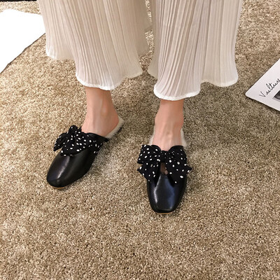 

Sandals for women wearing autumn Korean version of bow-knotted fur shoes 100 pairs of Muller shoes with thick heels&half slip