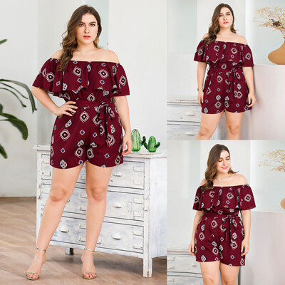 

Starmoon Womens Plus Size Casual Slash Neck Ruffled Print Waist Shorts Jumpsuit