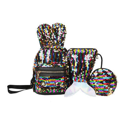 

3pcsset Shiny Sequins School Backpack Women Rabbit Ear Rucksack Purse Bags