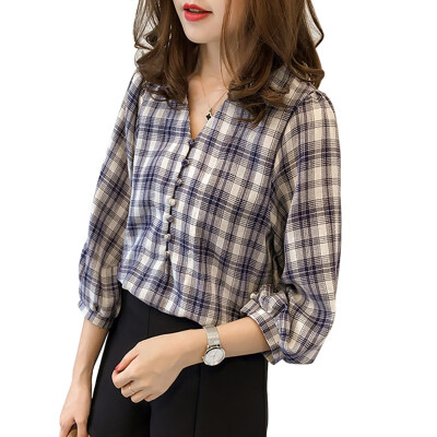 

Sexy Ladies Lattice Loose T Shirt Women V-Neck Plaid Print Three Quarter Lantern Sleeve Tops