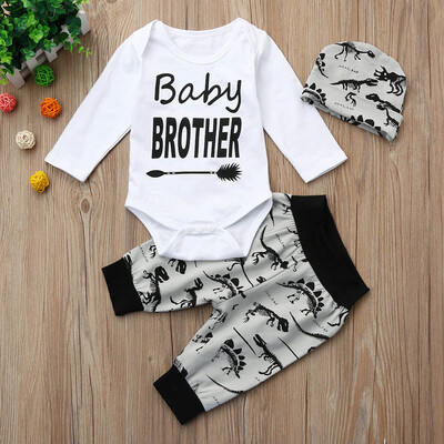

Newborn Infant Baby Boy Letter Romper TopsDinosaur Pants Hat 3pcs Clothes Set