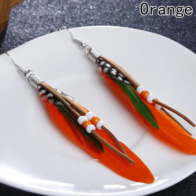 

2pair 10 Colors Beads Bohemian Wedding Statement Feather Hanging Earrings Fashion Jewelry Boho Long Dangle Earrings For Women
