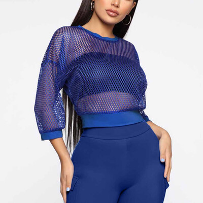 

Nomeni Women Fashion Round Neck Hollow Half Sleeve Short Blouse Shirt Top