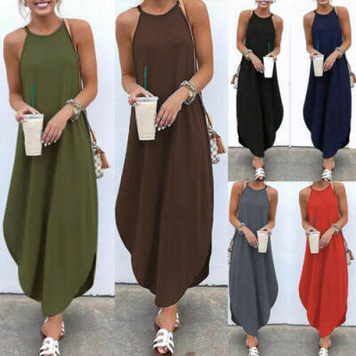 

Boho Womens Long Maxi Dress Summer Sleeveless Loose Beach Dresses Plus Size