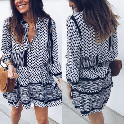 

Women Lady Plaid V-Neck Long Sleeve Skirt Ladies Beach Party Mini Dress