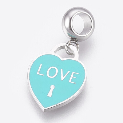 

304 Stainless Steel European Dangle Beads Large Hole Pendants with Enamel Heart Lock with Word Love Stainless Steel Color