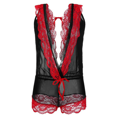 

Toponeto Women Deep V-Neck Lace Lingerie Bowknot Bodysuit Jumpsit Nightdress Sleepwear