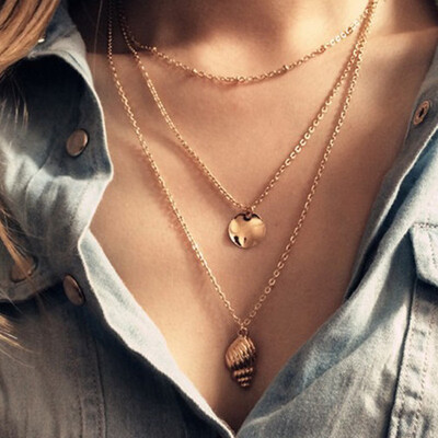 

Europe&the United States foreign trade jewelry original single brand multi-layer metal sequins accessories alloy conch pendant copper bead chain necklace
