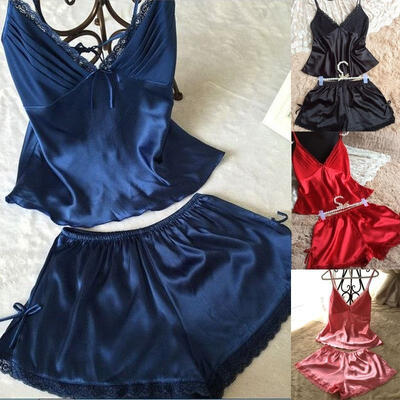 

2pcs Women Sexy Satin Lace Sleepwear Babydoll Lingerie Nightdress Pajamas Set