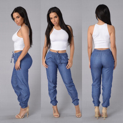 

Tailored Womens Elastic Waist Casual Pants High Waist Jeans Casual Blue Denim Pants