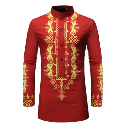 

Mens Ethnic Style Printed Tops Slim Long Sleeve Plus Size Button Down Shirts