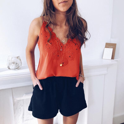 

Women Camisole Top Solid Color V Neckline Sleevless Embroidery Hollow Out Scalloped Sexy Street Wear