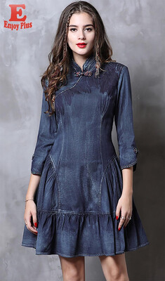 

M L XL vintage cotton new autumn 2018 women jeans midi dress 34 sleeve denim blue slim A line floral embroidery elegant lady