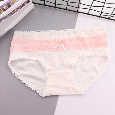 

Cute Women Underwear Cotton Blends Polka Dot Print Crochet Lace Scallop Tied Ruffle Elastic Waist Bow Briefs