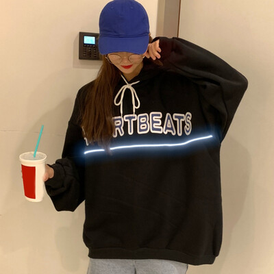 

Women "HEARTBEATS" Long Sleeve Sweatshirt Front Reflective Striped Hooded Tops Autumn Winter Loose Pullovers Casual Tops