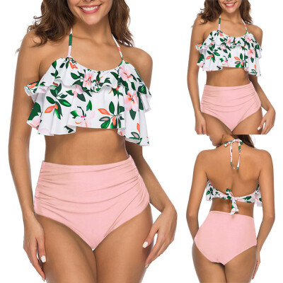 

Roseonmyhand Women Summer Two Piece Plus Size Sexy Backless Halter Beach Printed Swimwear Set