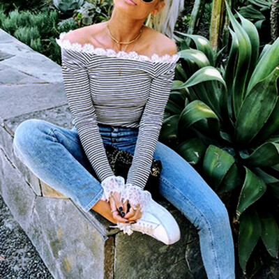 

Fashion Womens Off Shoulder Long Sleeve Lace Stitching Tops Slim T-Shirt Blouse