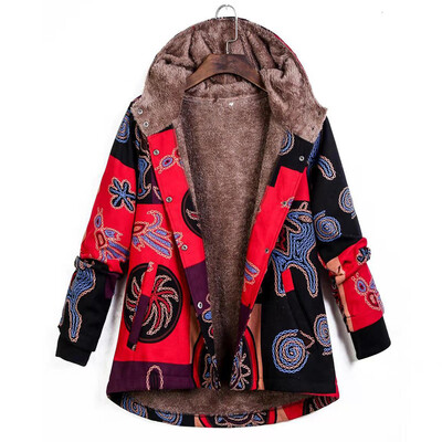 

Womens Long Sleeve Ethnic Hooded Coat Winter Fleece Thicken Long Parkas Outwear