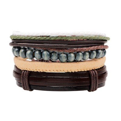 

Alloy Manual Cowhide Leather Wood Beads Weaving Ribbing Bracelet Multiple Roots Combination Suit Unisex Pair Jewellery
