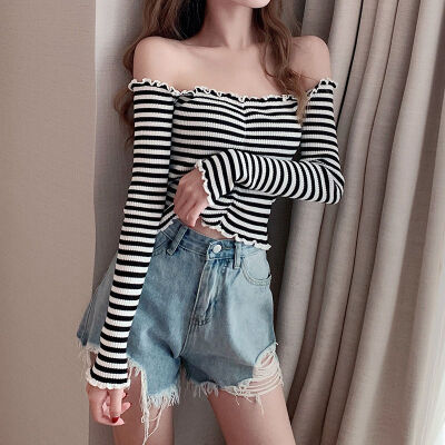 

Sexy Slash Neck T-shirt Long Sleeve Knitted Top Summer Cropped Top Women Striped Tee Shirt