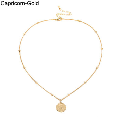

Vintage 12 Constellation Zodiac Embossed Pendant Long Chain Necklace Jewelry
