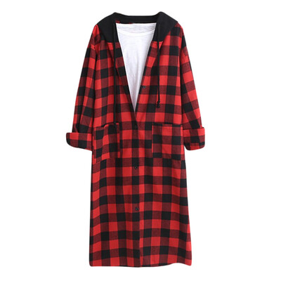

Toponeto Women Hooded Winter Warm Wool Pockets Lattice Clothes Button Long Shirt Coat