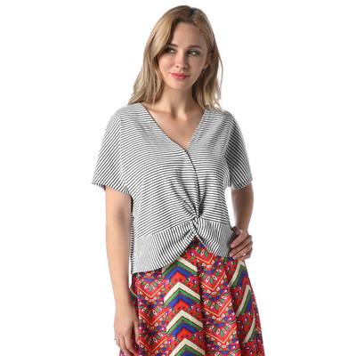 

Striped V-neck Pleated Short Sleeve Tops