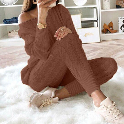 

Women Solid Color Sweater Casual Knitted Sweaters Pants Woman Jumper Tops Clothing Set Set Casual Knitted Warm Outfits
