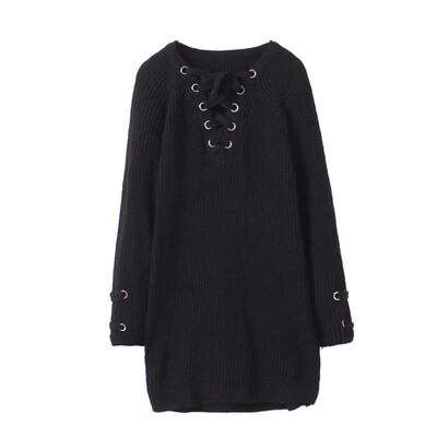 

Autumn V-neck Lace Up Women Sweater Long Sleeve Loose Oversized Pockets Pullover Jumper Women Casual Knitted Pull Femme Tops