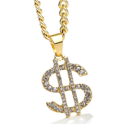 

Men 18K Gold Us Dollar Sign Crystal Necklace Hip Hop Dance Charm Chain Hiphop Golden Diamond Chock Necklace