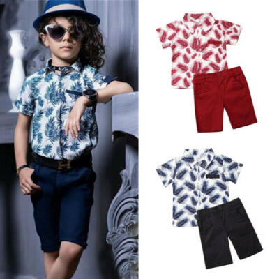 

AUKid Baby Boy Formal Suit Feather Print ShirtShorts Pants Party Outfit Clothes