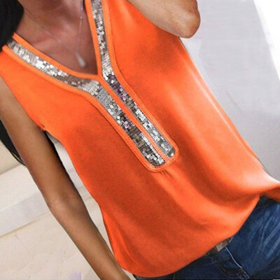 

Womens Summer Loose Sleeveless Vest T Shirt Blouse Lady Sequin V Neck Tops Club